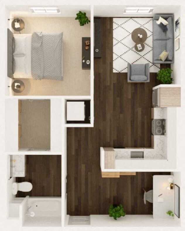 Rendering of the Crest floor plan with 1 bedroom[s] and 1 bathroom[s] at Windsor Totem Lake