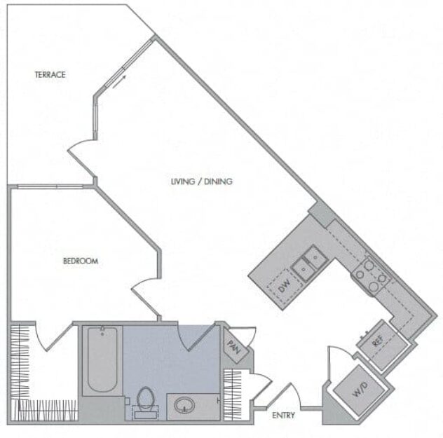 Rendering of the D floor plan with 1 bedroom[s] and 1 bathroom[s] at 1000 Grand by Windsor