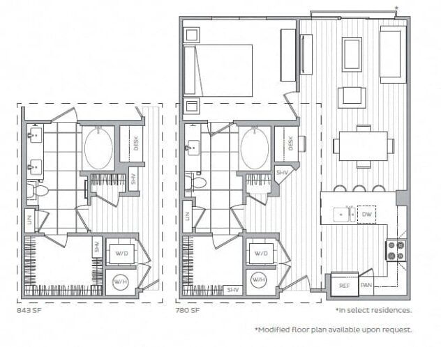 Rendering of the D floor plan with 1 bedroom[s] and 1 bathroom[s] at Windsor Mystic River