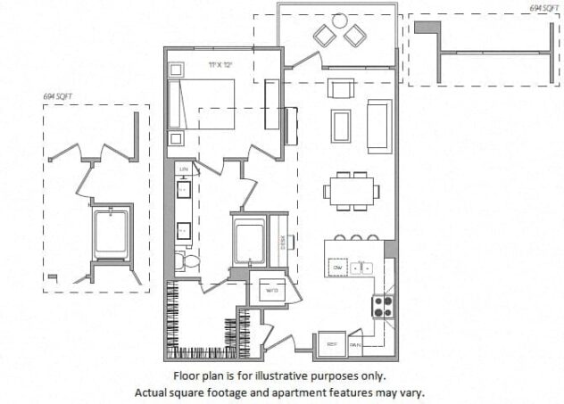 Rendering of the D floor plan with 1 bedroom[s] and 1 bathroom[s] at Cannery Park by Windsor