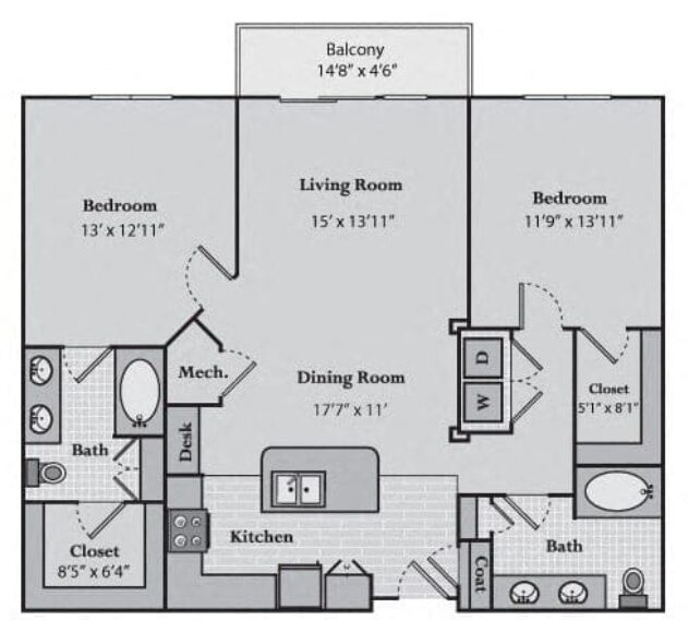 Rendering of the Delancey floor plan with 2 bedroom[s] and 2 bathroom[s] at Windsor Brookhaven