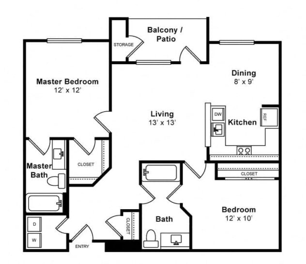 Rendering of the Dumbarton floor plan with 2 bedroom[s] and 2 bathroom[s] at Allegro at Jack London Square