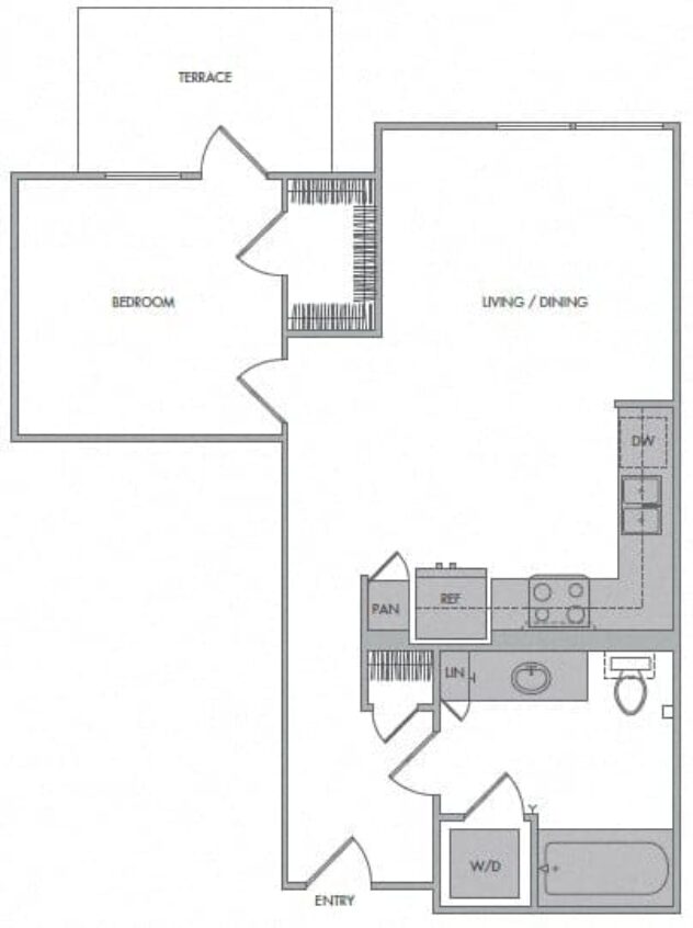 Rendering of the E floor plan with 1 bedroom[s] and 1 bathroom[s] at 1000 Grand by Windsor