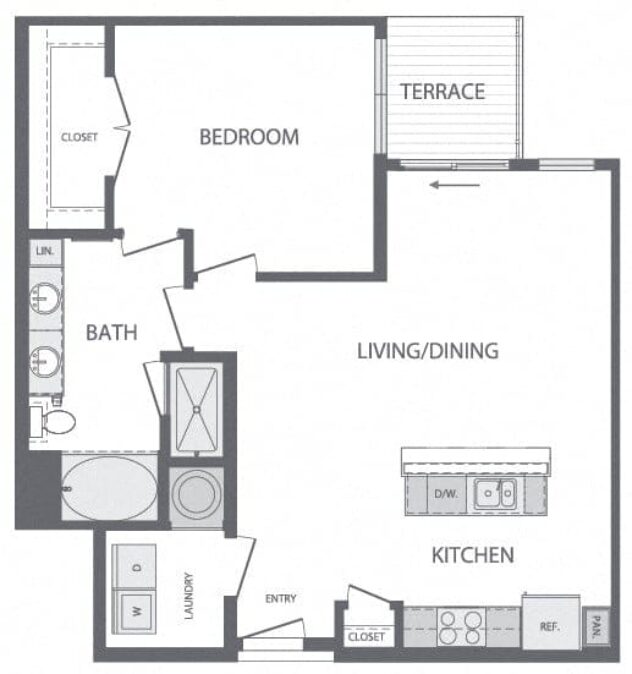 Rendering of the E floor plan with 1 bedroom[s] and 1 bathroom[s] at Windsor at Cambridge Park