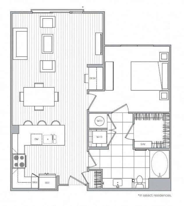 Rendering of the E floor plan with 1 bedroom[s] and 1 bathroom[s] at Windsor Mystic River