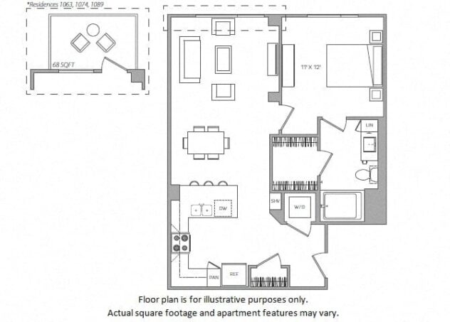 Rendering of the E floor plan with 1 bedroom[s] and 1 bathroom[s] at Cannery Park by Windsor