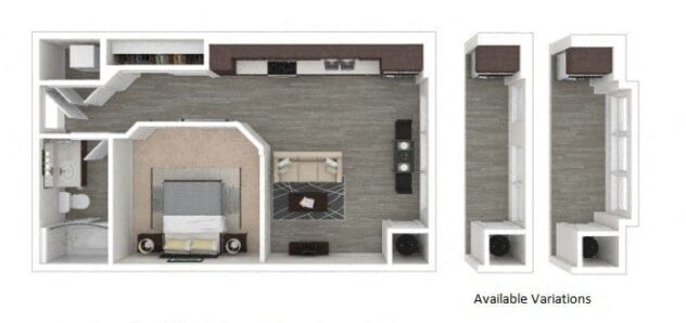 Rendering of the E1 floor plan with a Studio bedroom and 1 bathroom[s] at Centric LoHi by Windsor