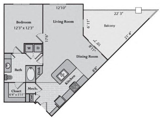 Rendering of the Essex floor plan with 1 bedroom[s] and 1 bathroom[s] at Windsor Brookhaven