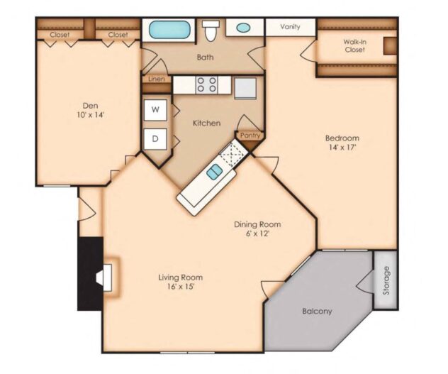 Rendering of the Ethan (AD1) floor plan with 1 bedroom[s] and 1 bathroom[s] at Windsor Oak Creek