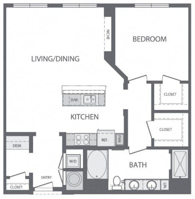 Rendering of the F floor plan with 1 bedroom[s] and 1 bathroom[s] at Windsor at Cambridge Park