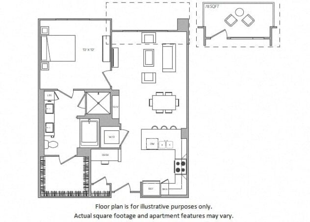 Rendering of the F floor plan with 1 bedroom[s] and 1 bathroom[s] at Cannery Park by Windsor