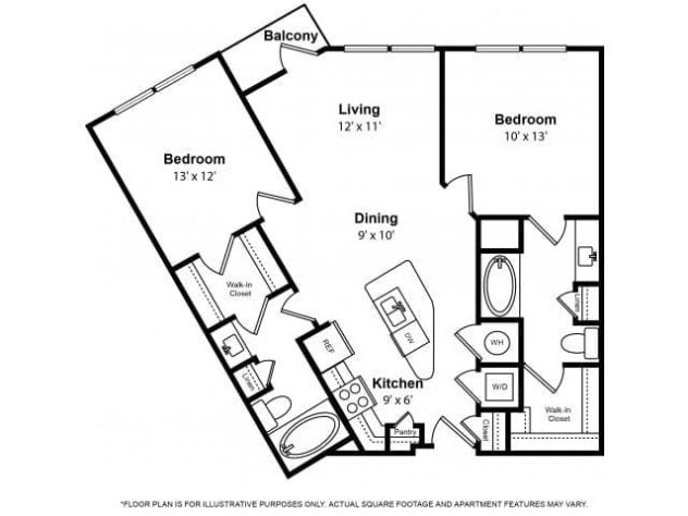 Rendering of the Fairview floor plan with 2 bedroom[s] and 2 bathroom[s] at The Ridgewood by Windsor