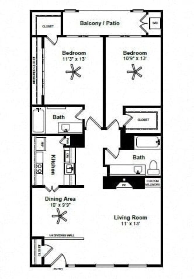 Rendering of the French Quarter floor plan with 2 bedroom[s] and 2 bathroom[s] at Allen House Apartments