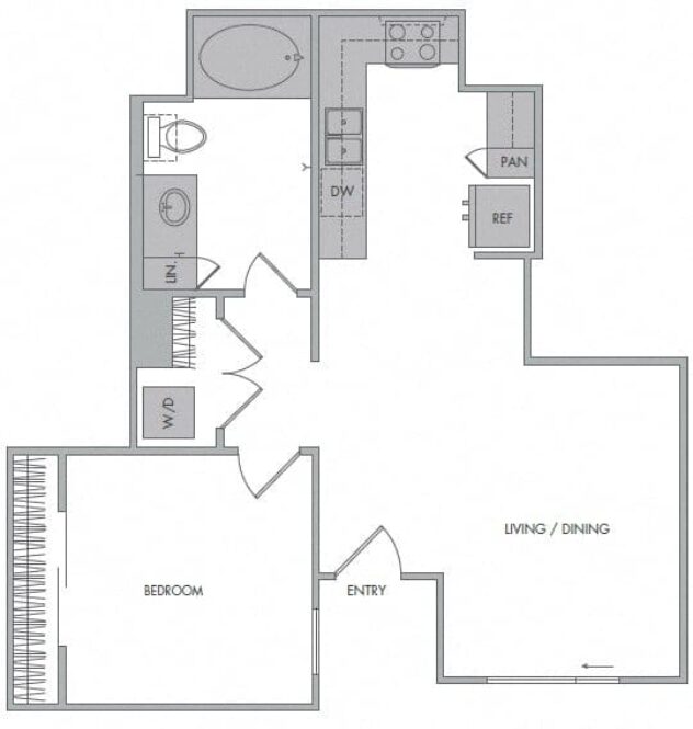 Rendering of the G floor plan with 1 bedroom[s] and 1 bathroom[s] at 1000 Grand by Windsor