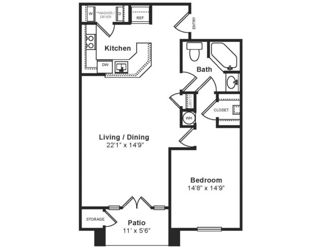 Rendering of the Genova floor plan with 1 bedroom[s] and 1 bathroom[s] at Windsor at Midtown