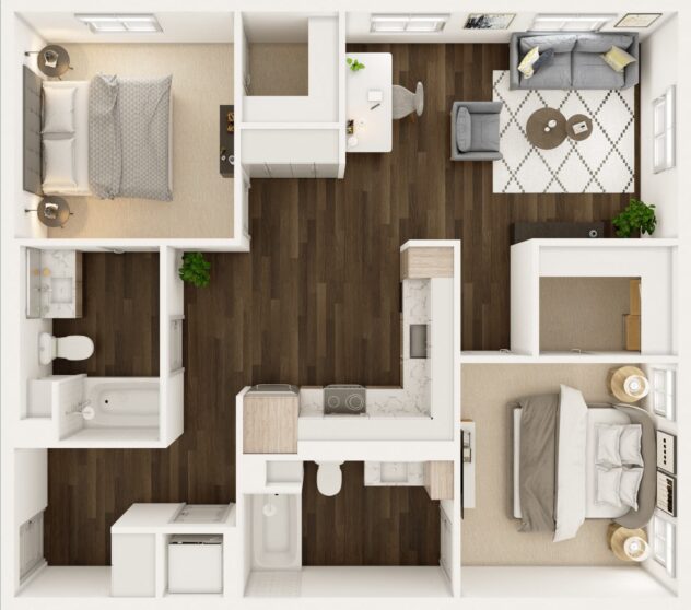 Rendering of the Gorge floor plan with 2 bedroom[s] and 2 bathroom[s] at Windsor Totem Lake