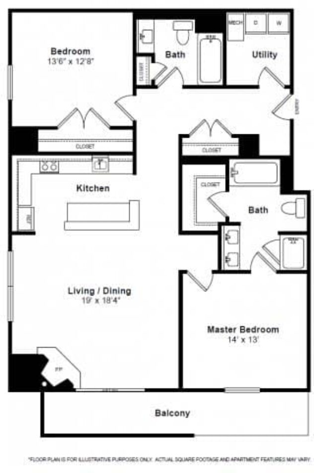 Rendering of the Gramercy floor plan with 2 bedroom[s] and 2 bathroom[s] at The Manhattan by Windsor