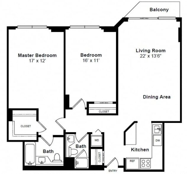 Rendering of the Gramercy floor plan with 2 bedroom[s] and 2 bathroom[s] at Windsor at Mariners