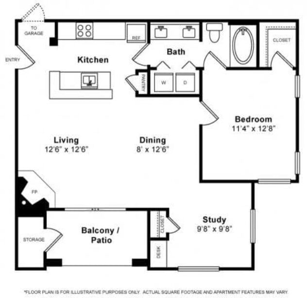 Rendering of the Greenbriar floor plan with 1 bedroom[s] and 1 bathroom[s] at The Estates at Park Place