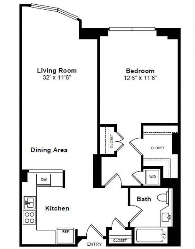 Rendering of the Greenwich floor plan with 1 bedroom[s] and 1 bathroom[s] at Windsor at Mariners