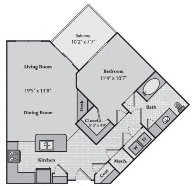 Rendering of the Greenwich floor plan with 1 bedroom[s] and 1 bathroom[s] at Windsor Brookhaven