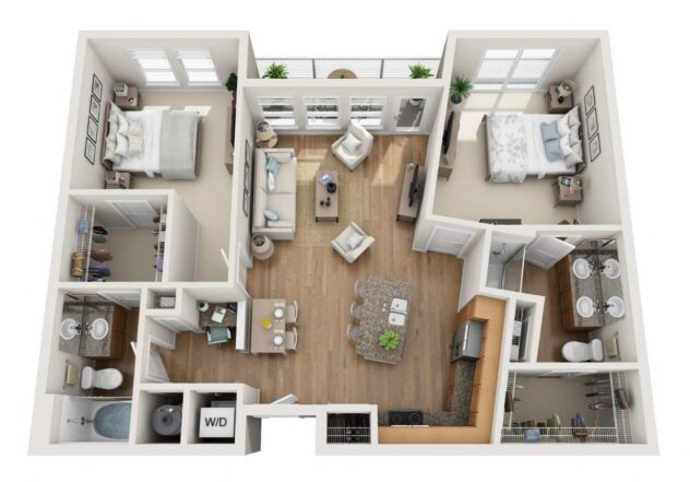 Rendering of the Guld floor plan with 2 bedroom[s] and 2 bathroom[s] at Element 47 by Windsor