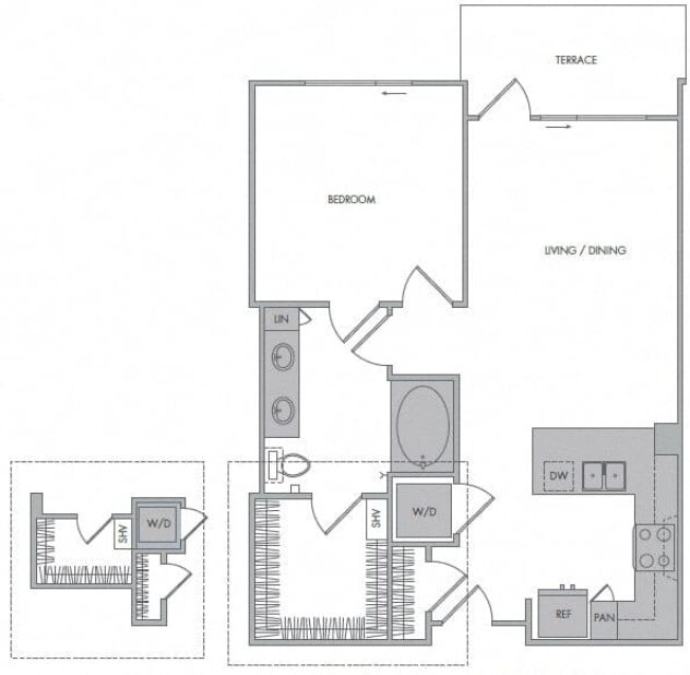 Rendering of the H floor plan with 1 bedroom[s] and 1 bathroom[s] at 1000 Grand by Windsor