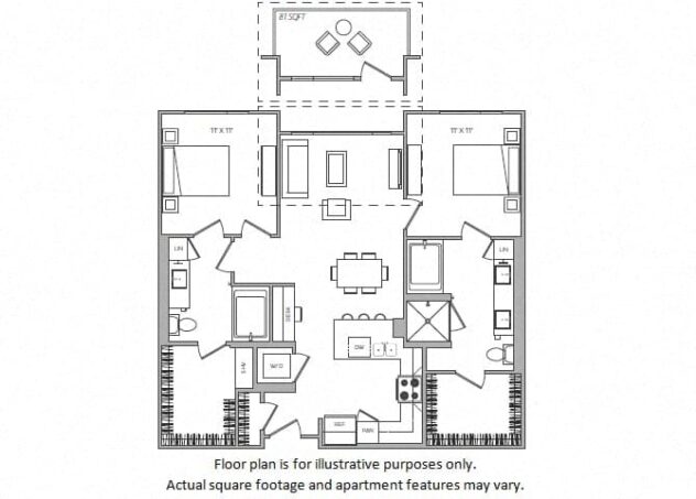 Rendering of the H floor plan with 2 bedroom[s] and 2 bathroom[s] at Cannery Park by Windsor