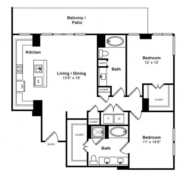 Rendering of the Harmony - High-Rise floor plan with 2 bedroom[s] and 2 bathroom[s] at Windsor Memorial