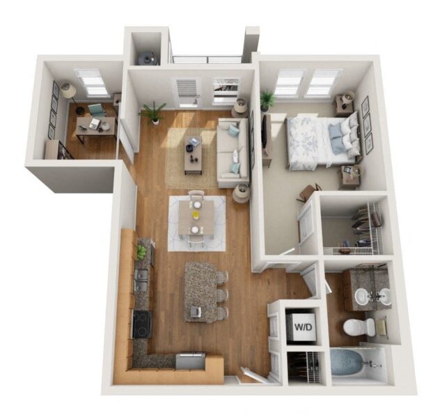 Rendering of the Hopea floor plan with 1 bedroom[s] and 1 bathroom[s] at Element 47 by Windsor