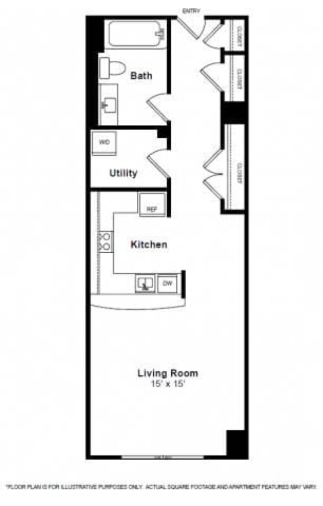 Rendering of the Hudson floor plan with a Studio bedroom and 1 bathroom[s] at The Manhattan by Windsor