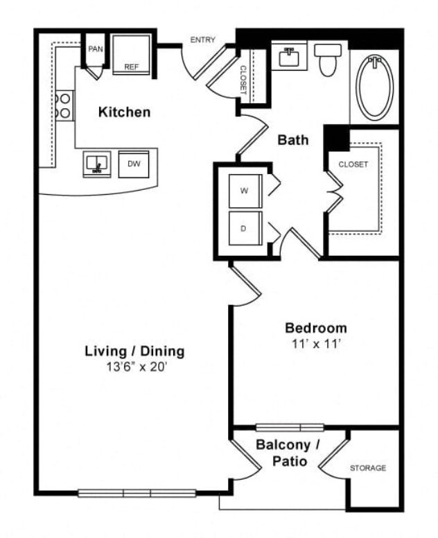 Rendering of the Humble - Mid-Rise floor plan with 1 bedroom[s] and 1 bathroom[s] at Windsor Memorial