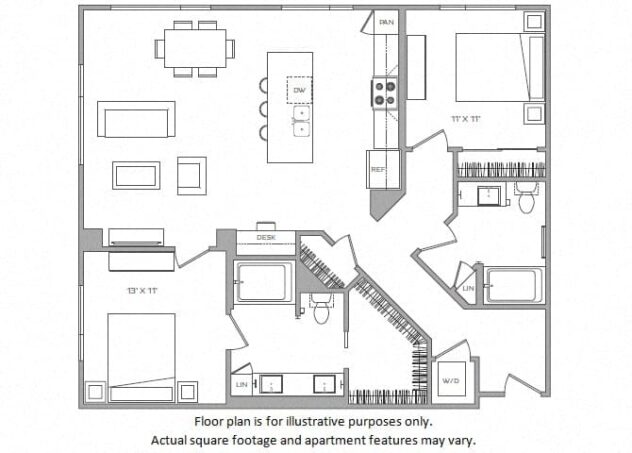 Rendering of the J floor plan with 2 bedroom[s] and 2 bathroom[s] at Cannery Park by Windsor