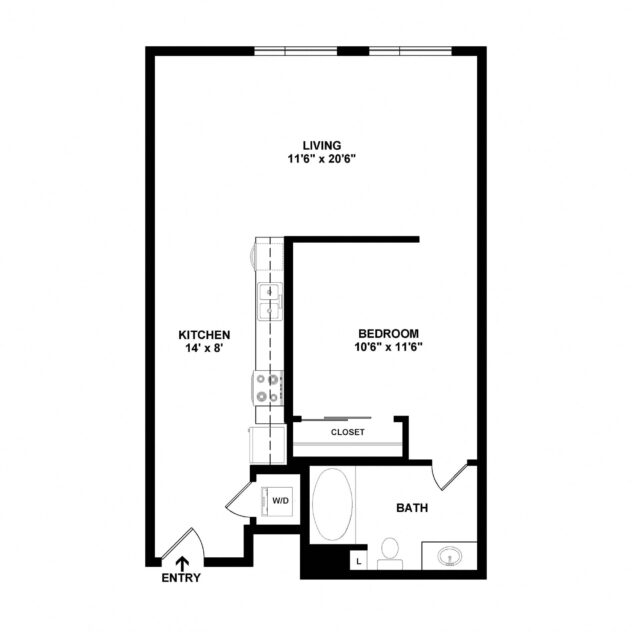 Rendering of the J1 floor plan with 1 bedroom[s] and 1 bathroom[s] at Sunset + Vine