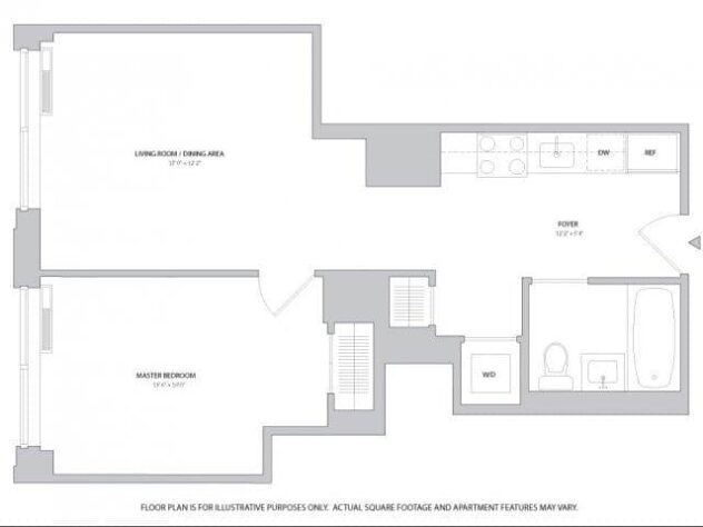 Rendering of the Junior 1BR - 1 floor plan with 1 bedroom[s] and 1 bathroom[s] at The Ashley