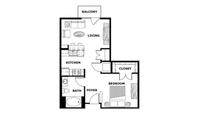 Rendering of the Junior One Bedroom floor plan with 1 bedroom[s] and 1 bathroom[s] at Terraces at Paseo Colorado