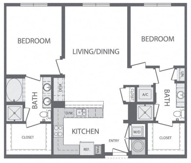 Rendering of the K floor plan with 2 bedroom[s] and 2 bathroom[s] at Windsor at Cambridge Park