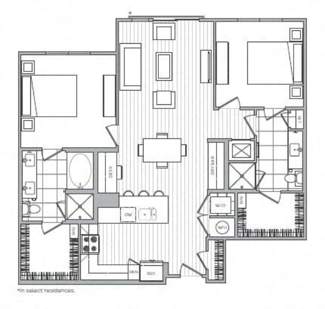 Rendering of the K floor plan with 2 bedroom[s] and 2 bathroom[s] at Windsor Mystic River