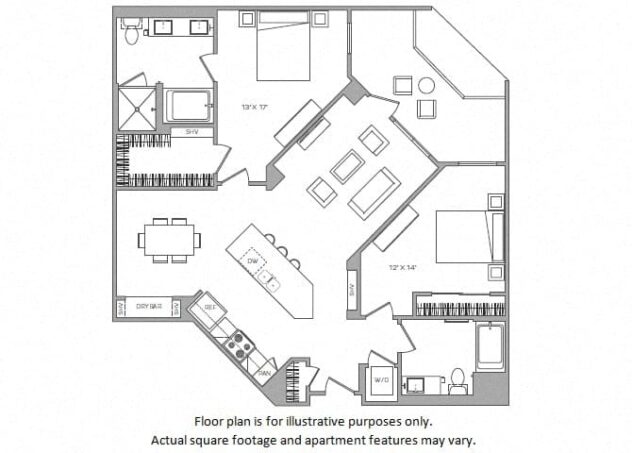 Rendering of the K floor plan with 2 bedroom[s] and 2 bathroom[s] at Cannery Park by Windsor