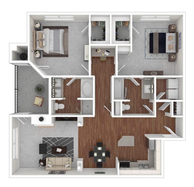 Rendering of the Kalanchoe floor plan with 2 bedroom[s] and 2 bathroom[s] at Windsor Meadow Hills