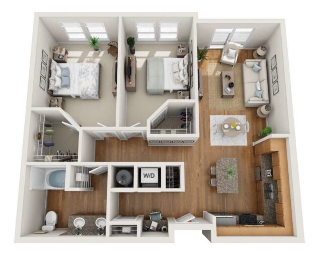 Rendering of the Kobber floor plan with 2 bedroom[s] and 1 bathroom[s] at Element 47 by Windsor