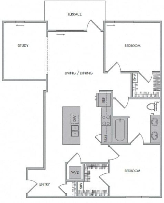 Rendering of the L floor plan with 2 bedroom[s] and 1 bathroom[s] at 1000 Grand by Windsor