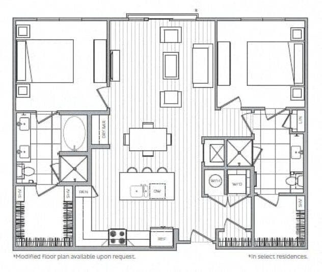 Rendering of the L floor plan with 2 bedroom[s] and 2 bathroom[s] at Windsor Mystic River