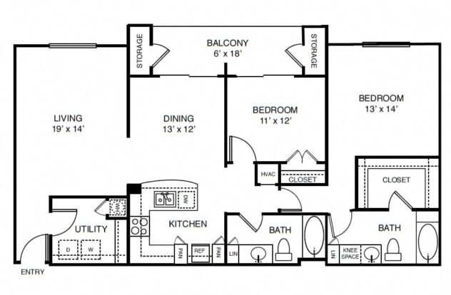 Rendering of the L3 floor plan with 2 bedroom[s] and 2 bathroom[s] at Windsor on the Lake