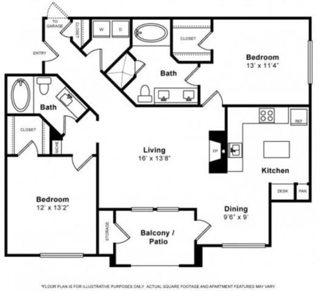 Rendering of the La Meridian floor plan with 2 bedroom[s] and 2 bathroom[s] at The Estates at Park Place