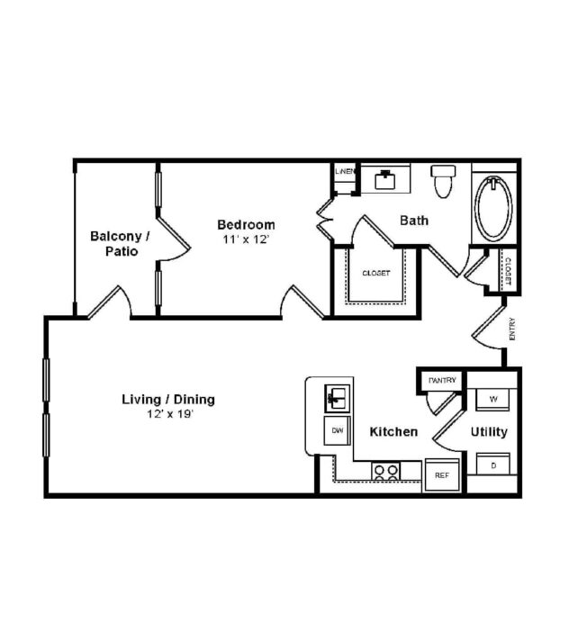 Rendering of the Laguna floor plan with 1 bedroom[s] and 1 bathroom[s] at The Monterey by Windsor