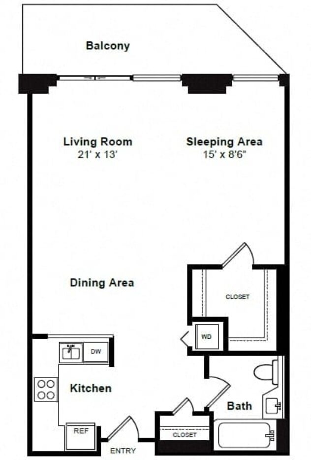 Rendering of the Lenox floor plan with a Studio bedroom and 1 bathroom[s] at Windsor at Mariners