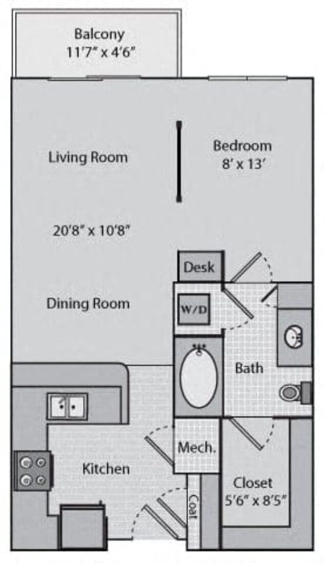 Rendering of the Lexington floor plan with a Studio bedroom and 1 bathroom[s] at Windsor Brookhaven