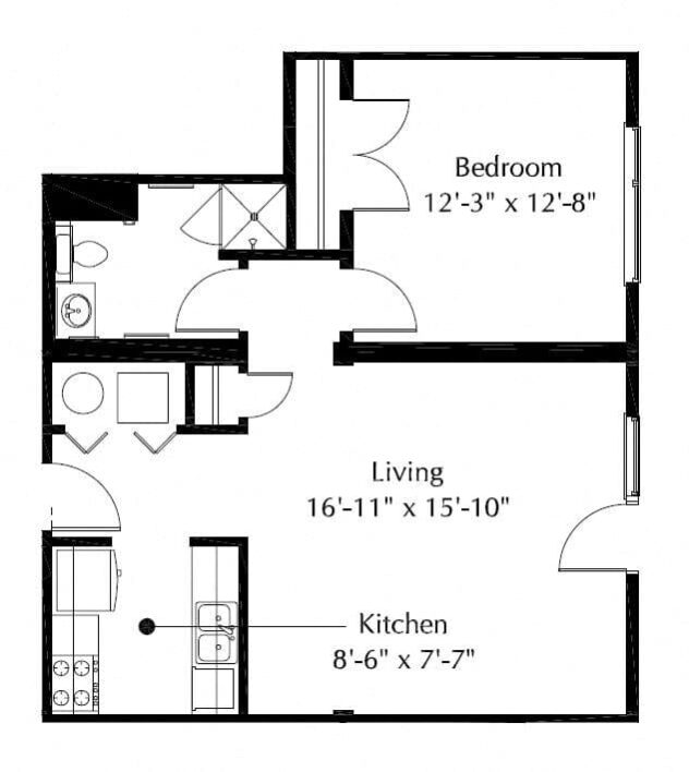 Rendering of the Live Work 16 floor plan with 1 bedroom[s] and 1 bathroom[s] at The District