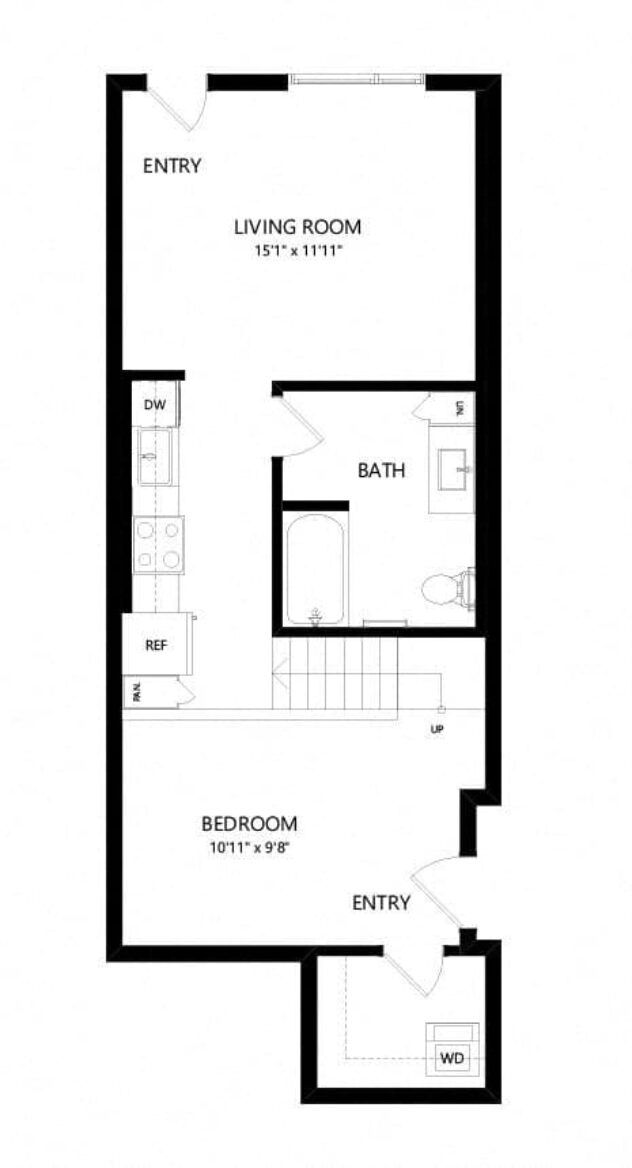 Rendering of the LW2 floor plan with 1 bedroom[s] and 1 bathroom[s] at Windsor Queen Anne